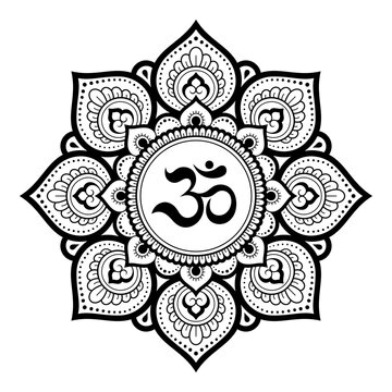 recommend clip art: Circular pattern in form of mandala for with flower Henna, Mehndi, tattoo, decoration. Decorative ornament in oriental style with ancient Hindu mantra OM. Outline doodle vector illustration.