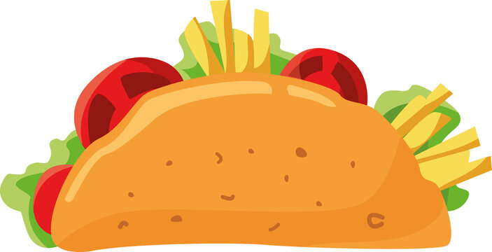Mexican taco traditional mexican fast-food. Cartoon, doodle colored png illustration of Taco Mexico food with meat and vegetables. Mexican beef taco. Isolated object