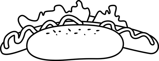 Hot dog isolated Outline uncolored contour. Fast food. Junk street food. Hotdog icon for poster, banner, menu, brochure, web. Sandwich with mustard. PNG image
