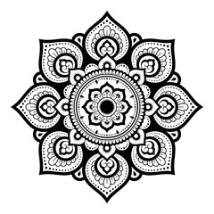 Circular pattern in form of mandala with flower for Henna, Mehndi, tattoo, decoration. Decorative ornament in ethnic oriental style. Outline doodle hand draw vector illustration.
