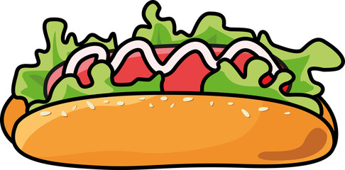 Hot dog isolated Outline and colored contour. Fast food. Junk street food. Hotdog icon for poster, banner, menu, brochure, web. Sandwich with mustard. PNG image
