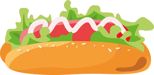 Hot dog isolated Outline and colored contour. Fast food. Junk street food. Hotdog icon for poster, banner, menu, brochure, web. Sandwich with mustard. PNG image