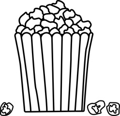 Popcorn bucket box counter outlines. Cartoon illustration of fast food in cinema. Flat vector. American traditional snack in doodle style. Large paper cup striped to the top filled with corn kernels