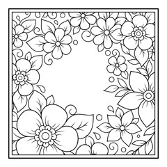 Outline square flower pattern in mehndi style for coloring book page. Antistress for adults and children. Doodle ornament in black and white. Hand draw vector illustration.