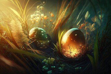 Easter eggs in the background a beautiful surreal landscape, generative AI