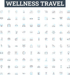 Wellness travel vector line icons set. Wellness, Travel, Health, Vacation, Nourishment, Rejuvenation, Adventure illustration outline concept symbols and signs