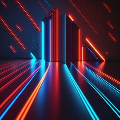 Abstract futuristic neon background. Red blue lines, glowing in the dark Generative AI. 