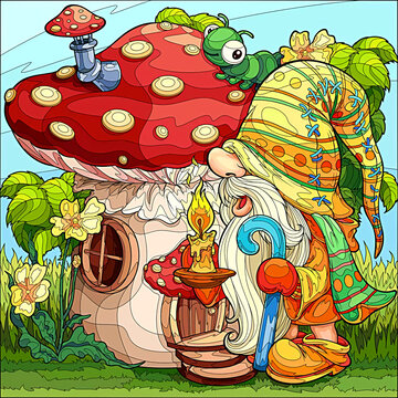 A gnome and a mushroom house in the forest