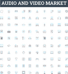 audio and video market vector line icons set. Audio, Video, Market, Multimedia, Sound, Streaming, Digital illustration outline concept symbols and signs