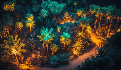Fototapeta na wymiar Tropical jungle in vibrant gradient neon colors. Synthwave rain forest. Generative AI