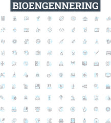 Bioengennering vector line icons set. bioengineering, genetics, biopharmaceuticals, biotransformation, proteomics, nanotechnology, tissue engineering illustration outline concept symbols and signs