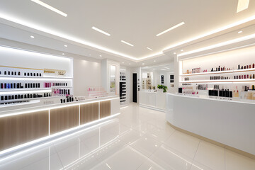 White glossy counter with skincare, cosmetic, treatment product in elegant and luxury interior design of beauty salon shop with white glossy product display counter, tree, reeded glass partition