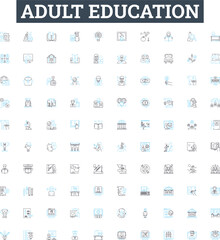 Adult education vector line icons set. Adult, Education, Learning, Instruction, Training, Literacy, Courses illustration outline concept symbols and signs
