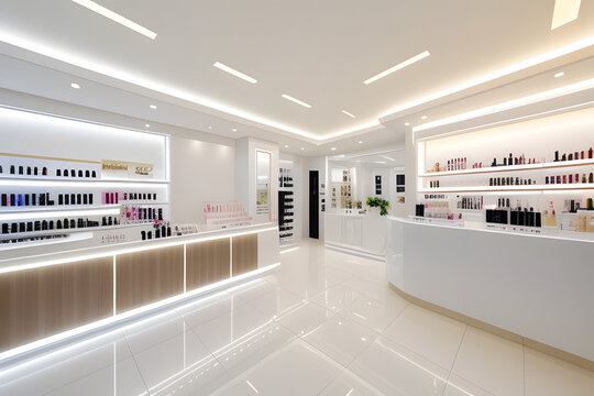 White glossy counter with skincare, cosmetic, treatment product in elegant and luxury interior design of beauty salon shop with white glossy product display counter, tree, reeded glass partition