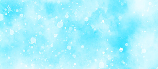 abstract sky blue cloudy watercolor background with bubbles and watercolor stains, Beautiful winter background of snow floating into air randomly, light blue bokeh background for wallpaper.
