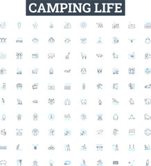 Camping life vector line icons set. Camping, Life, Outdoors, Tent, Sleeping, Bag, Hammock illustration outline concept symbols and signs