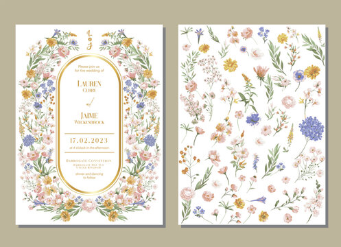 Naklejka Garden Flowers Wedding Invitation Card Design, Wildflower Wedding Invite, Colorful Spring Floral Invitation Card.