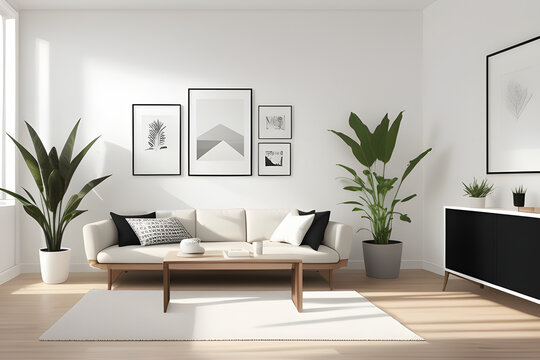 Mockup blank 4 black picture frame gallery on the white beige wall in a contemporary living room with sideboard in morning sunlight. 3D render for poster frame template.