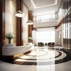 Modern minimal luxury hotel and office reception. The concept of a magnificent and elegant room. Generative AI.