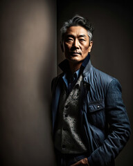 Obraz premium AI generated portrait of Korean man leaning against a wall