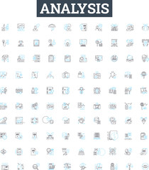 Analysis vector line icons set. Analyze, Analyzing, Examining, Studying, Investigating, Exploring, Calculation illustration outline concept symbols and signs