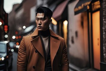 Fototapeta premium AI generated portrait of Korean man wearing coat is walking in the city