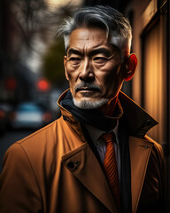 Fototapeta premium AI generated portrait of Korean man wearing coat is walking in the city
