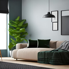 Living room interior mockup, furniture and decorative trendy flower and plants, white sofa and armchair, natural elements and minimalism . AI Generative