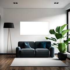 Living room interior mockup, furniture and decorative trendy flower and plants, white sofa and armchair, natural elements and minimalism . AI Generative