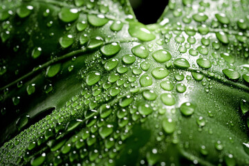 Close-up of a monstera leaf with dew drops