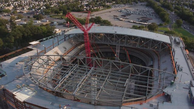 Aerial Drone Shot of UBS Arena at Belmont Park Under Contruction with Crane