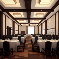 Fototapeta na wymiar Seminar meeting banquet hall room interior. Meeting hall illustration. Generative AI.