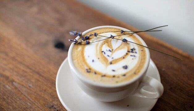 Lavender latte with heart coffee art in white mug