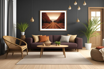 Home interior with ethnic boho decoration, living room in brown warm color, 3d render