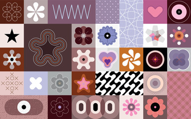 Abstract seamless background with different coloured patterns and geometric shapes. Each one of the design element created on a separate layer and can be used as a standalone image.