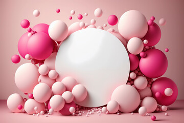 Circle white empty mockup with red and pink air balloons around, AI generated