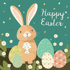 Happy Easter greeting card with rabbit and eggs in vintage style