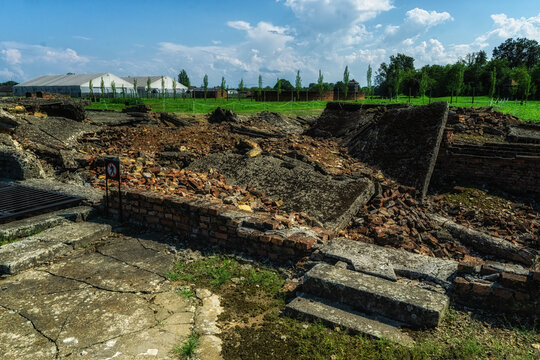 Ruins of a destroyed gas chamber, death camp Auschwitz II-Birkenau, Auschwitz, Lesser Poland, Poland, Europe