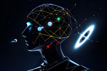 Artistic 3d Computer Generated Illustration Of A Galactic Abstract Human Artificial Intelligent Interface In A Black background