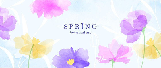 Abstract spring art vector background. Botanical watercolor design. Field flowers, plants, leaves.