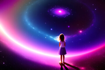 Naklejka premium Abstract Little Girl Imagining Other Worlds In A Center Of A Glowing Galaxy