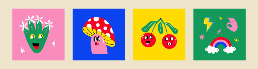 Groovy set posters with cartoon characters mushroom, flower, rainbow. Retro trippy collection. Vector illustration with vintage hippy style elements.
