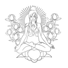Antistress coloring page. A young woman in the lotus position surrounded by water lilies. The girl does yoga. Concept of practicing meditation. For print, package, child game, clothes, interior, logo