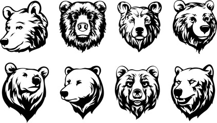 Head of bear. Abstract character illustration variant set. Graphic logo design template for emblem. Image of portrait.