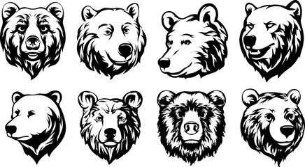 Obraz premium Head of bear. Abstract character illustration variant set. Graphic logo design template for emblem. Image of portrait.