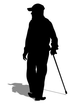 Elderly people with cane one white background