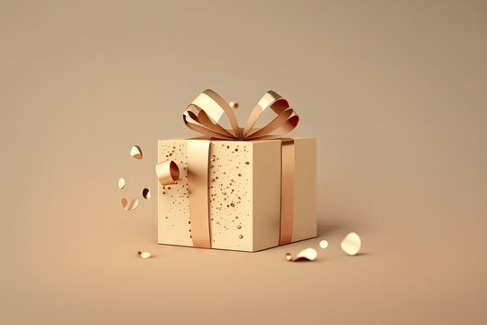 3D gift box, gold ribbon bow on beige pastel background.