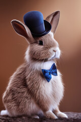Cute rabbit with a blue bow and a hat