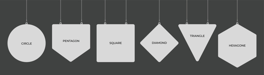 Empty hanging dangler mockup in geometric shapes of circle, pentagon, square, diamond, hexagon, triangle 
on an isolated dark grey background. Display mockup template danglers for presentation