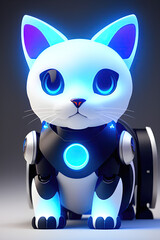 Adorable robotic cat, blue tones, black background